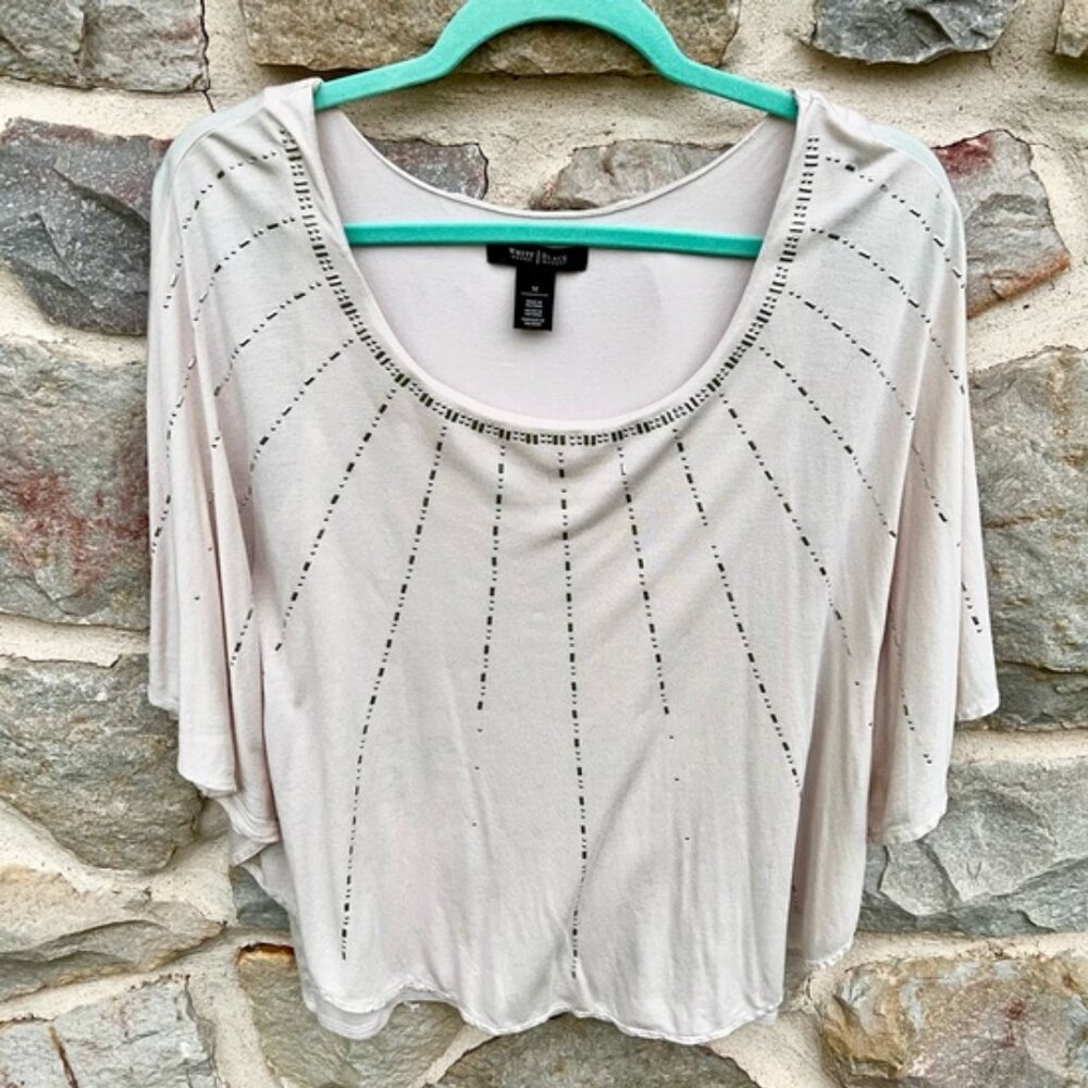 White House Black Market Cream and Silver Embellished Clam Shell Shirt Medium